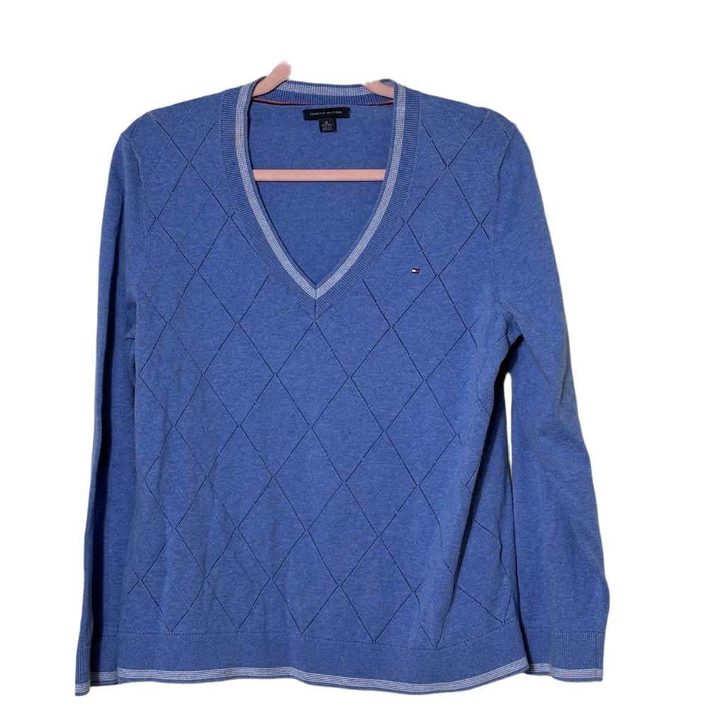 Tommy Hilfiger Womens Blue V-Neck Diamond Pointelle Knit‎ Sweater XL